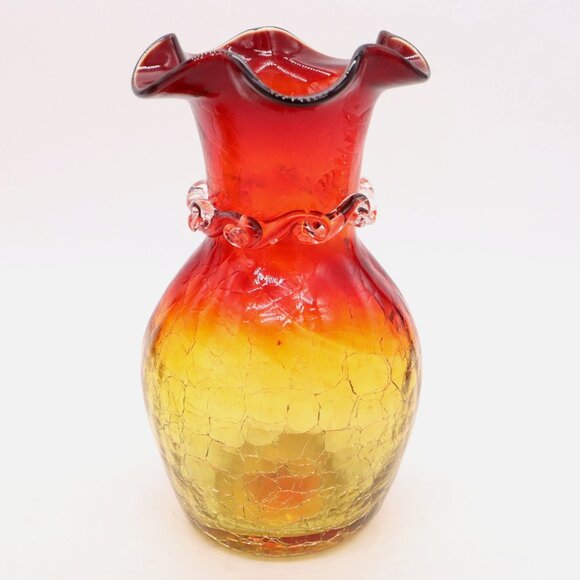 Pair of Blenko Amberina Hand Blown 6.5" Crackle Glass Vase Ruffled Top Vintage - Picture 5 of 7